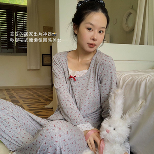 杜小宅睡衣女款带胸垫2025秋季bm风免穿bra碎花美宅衣家居服套装