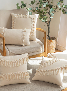 ins全棉米色流苏挂坠花边抱枕 摩洛哥中东侘寂风民宿装饰靠枕靠垫