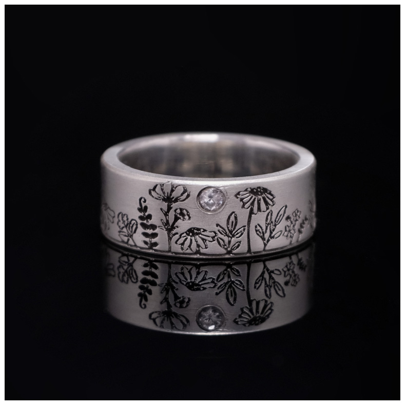 手工锻造  花草涂鸦   花语戒指  镶嵌莫桑  S925纯银吊坠