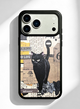 情侣复古拼贴黑猫适用苹果17 16 13 12 11手机壳华为mate80 70 60 40 30创意p80全包nova14荣耀500一加15防摔