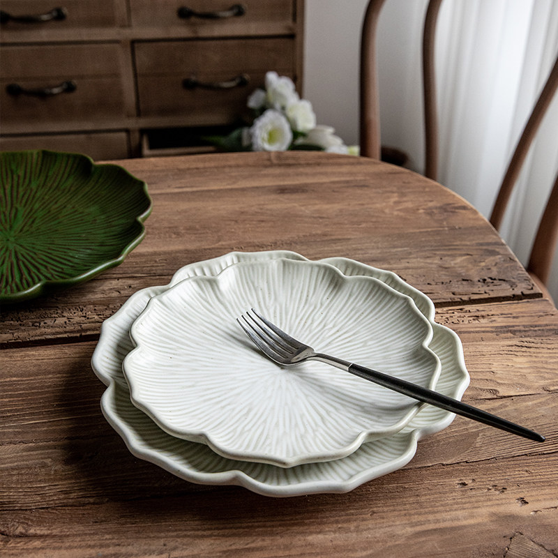 悠瓷 艺术花边盘子手作食器粗陶盘子家用早餐盘水果盘碟陶瓷菜盘