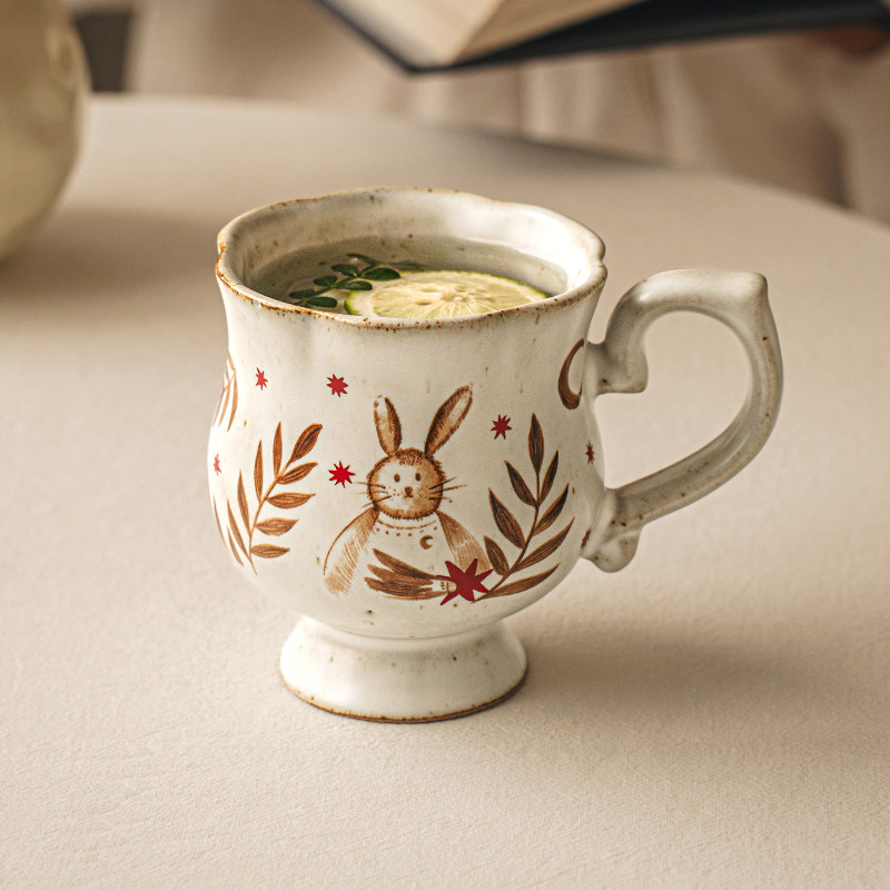 悠瓷创意手作粗陶高脚杯复古咖啡杯高档水杯可爱马克杯闺蜜礼物女