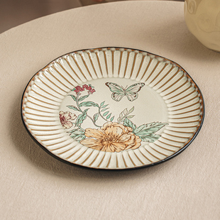悠瓷 复古餐具8.5英寸浮雕平盘陶瓷盘子菜盘家用轻奢牛排西餐盘