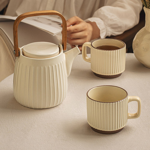 悠瓷浮雕竖纹陶瓷茶壶套装带茶杯