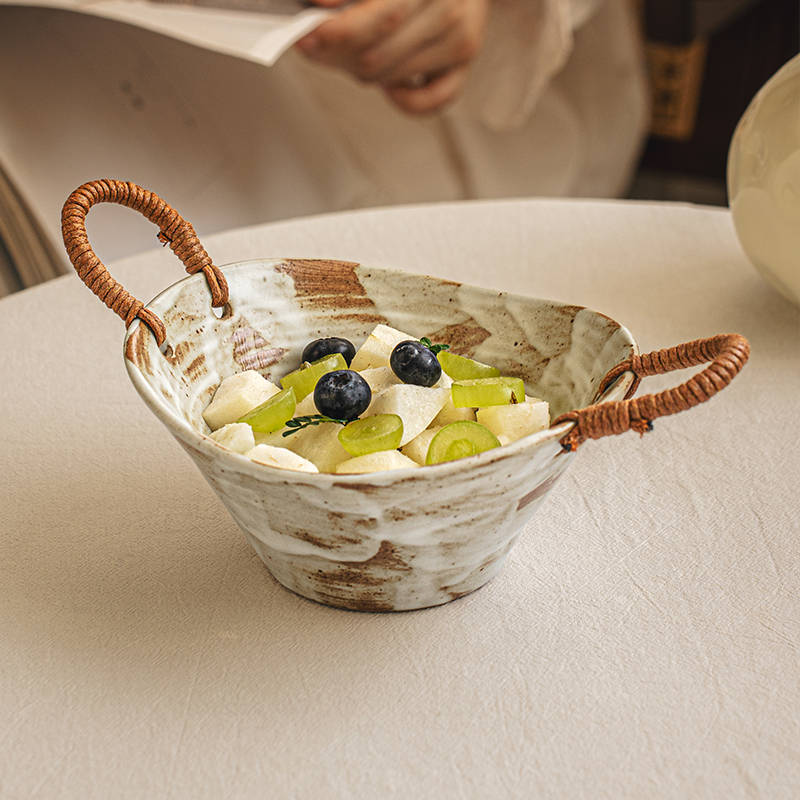 悠瓷复古粗陶6英寸麻绳双耳碗