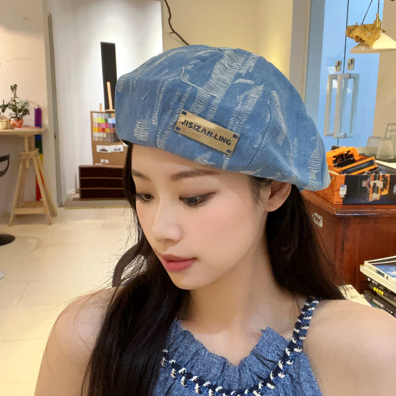 牛仔贝雷帽女秋季破洞设计八角百搭水洗复古港风画家帽乞丐蓓蕾帽