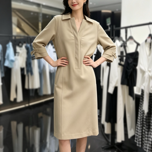 2026新款女装时尚翻领长袖连衣裙宽松显瘦百搭卡其色裙子南油欧货