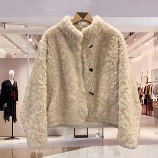 南油欧货2025冬季 小个子皮毛一体牛角扣立领保暖外套女仿皮草上衣