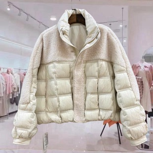 时尚羊羔毛拼接立领压褶设计感减龄短装羽绒服欧货冬装女