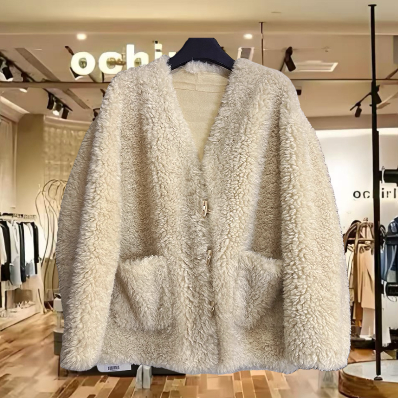 2025秋冬新款皮毛一体V领羊羔毛外套女1005