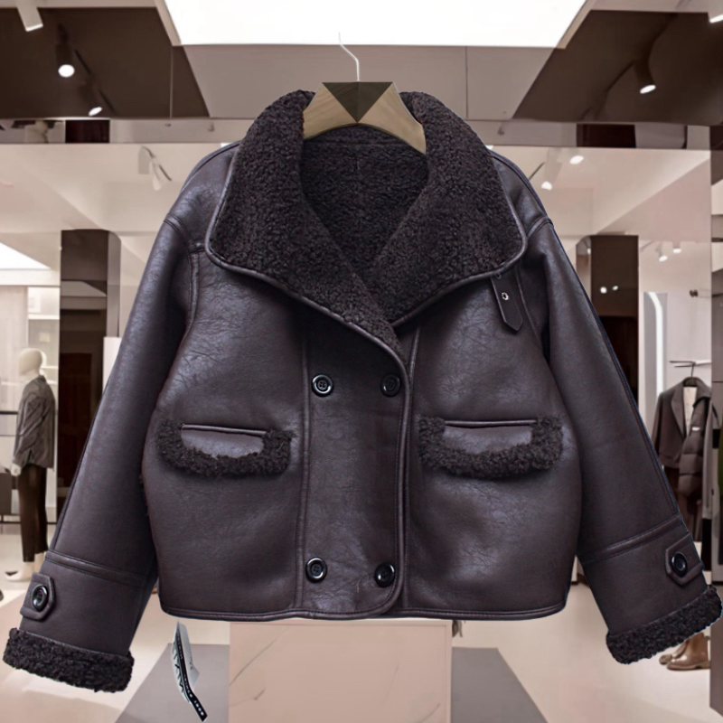 美馨25557女冬季时尚仿皮毛一体宽松百搭加厚羊驼绒短款外套