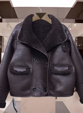 美馨25557女冬季时尚仿皮毛一体宽松百搭加厚羊驼绒短款外套