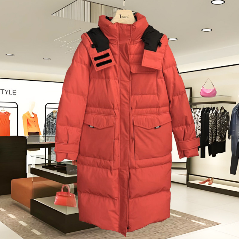 深圳高端欧货羽绒服长款加厚保暖鹅绒时尚长袖红色洋气休闲羽绒服