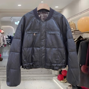 A8529欧货时尚百搭PU皮白鸭绒羽绒服立领外套秋冬新款2025