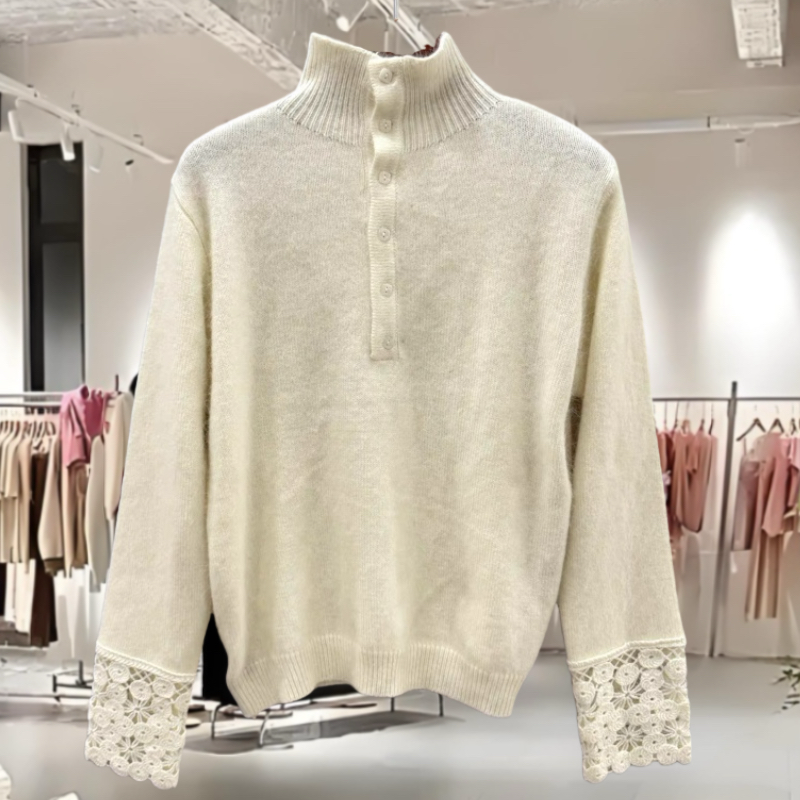 9963欧洲站2025冬新高领半纽扣蕾丝花边拼接羊毛混纺针织衫上衣