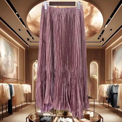 南油欧货春装2026新款松紧高腰压褶仿酸醋中长半身裙百褶燕尾裙