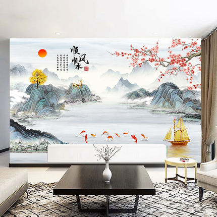 无缝视觉立体自粘壁画新中式大气水墨山水画客厅背景墙装饰画贴纸