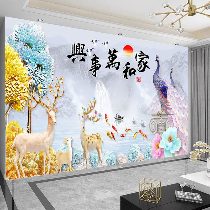2025新古典国风客厅装饰画轻奢麋鹿壁纸沙发定制背景墙自粘墙贴画图片
