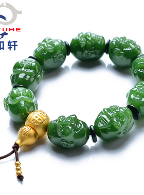 店主珍藏和田玉十八罗汉 佛头碧玉手链 足金葫芦佛塔手串 裕和轩