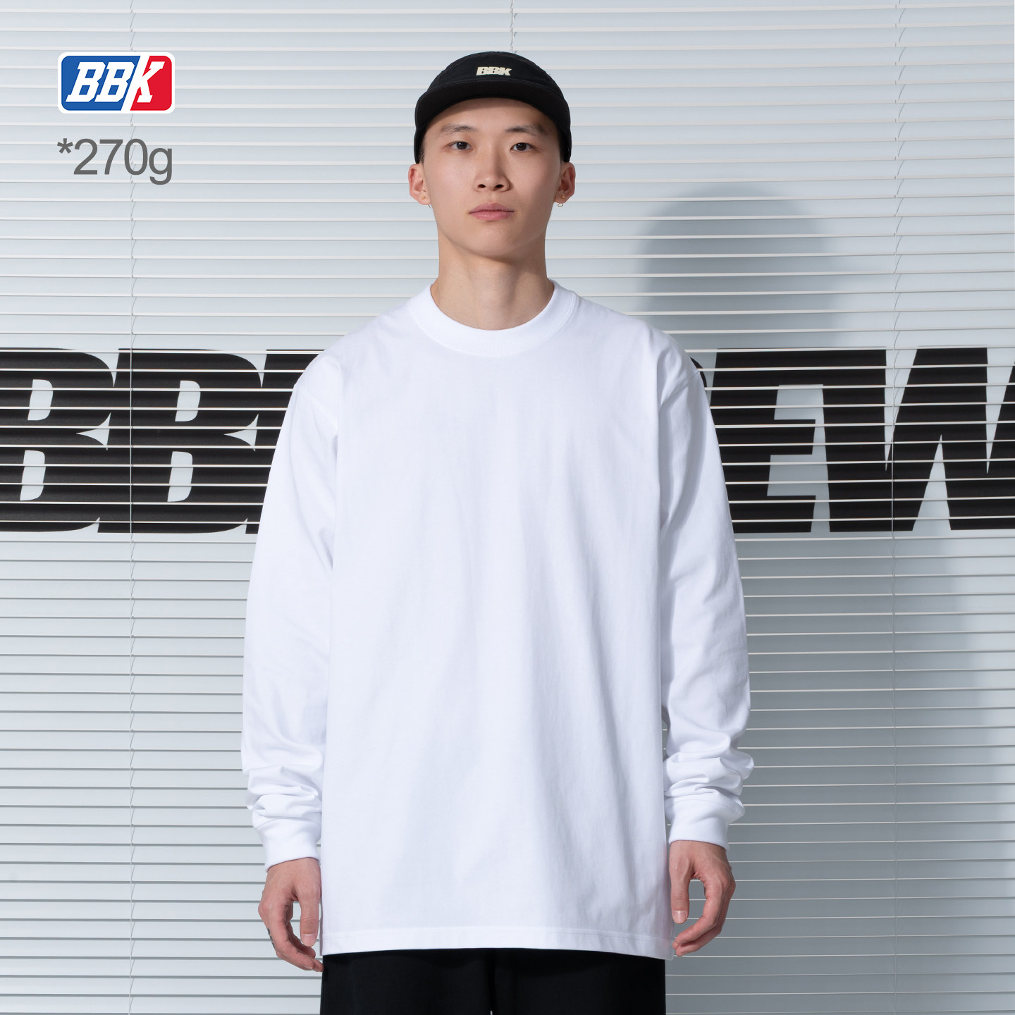 BBK 270g纯色t恤重磅 街舞嘻哈打底bboy小领口净色长袖HIPHOP滑板