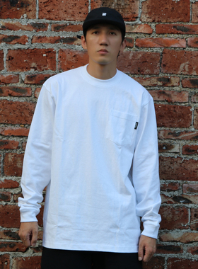 bboy宽松 纯色t恤重磅街舞嘻哈打底hiphop小领口加袋长袖说唱男女