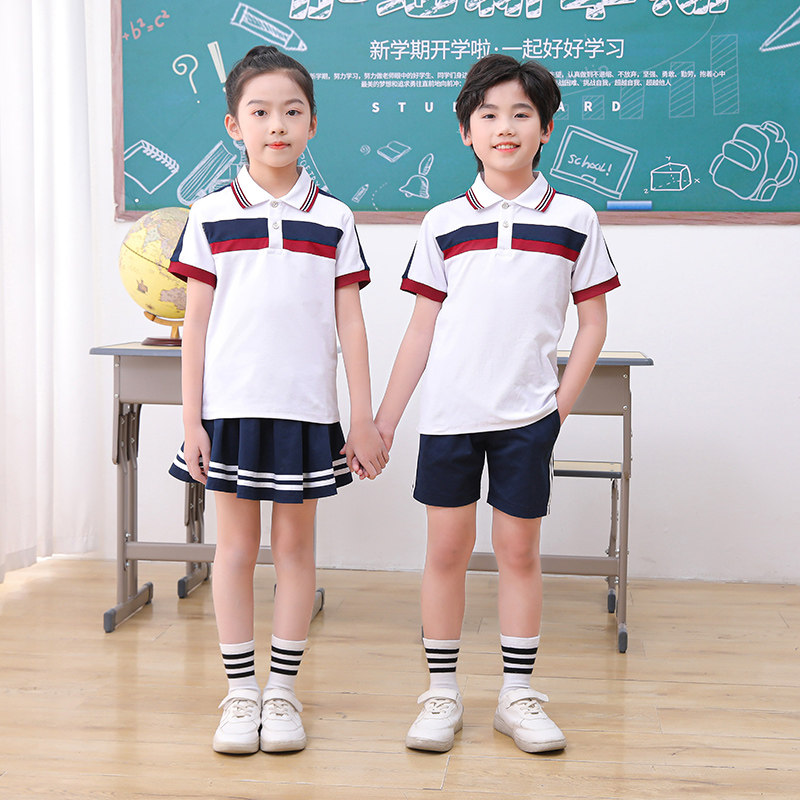 夏季白色小学生校服套装休闲运动风初中生短袖T恤班服裙子长裤子