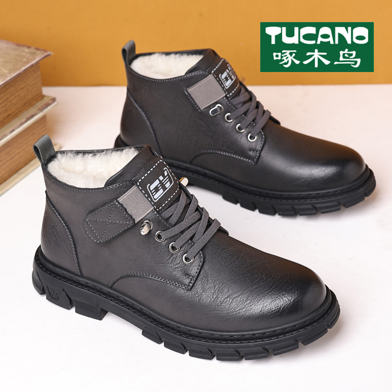 啄木鸟冬季保暖高帮棉皮鞋