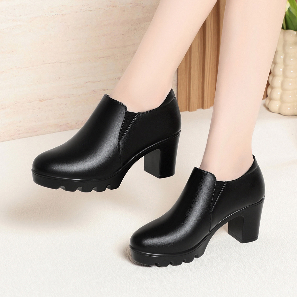 深口松紧带高跟鞋厚底一脚蹬单鞋圆头春秋女鞋粗跟防水台加绒皮鞋,女鞋,深口单鞋,淘宝优惠券,粉丝福利购,淘宝优惠卷