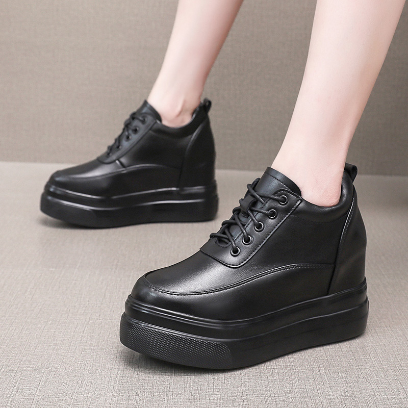 9cm内增高女鞋坡跟厚底运动系带小黑鞋松糕小个子韩版百搭休闲鞋