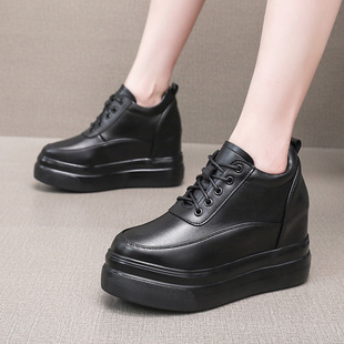 百搭休闲鞋 松糕小个子韩版 坡跟厚底运动系带小黑鞋 9cm内增高女鞋