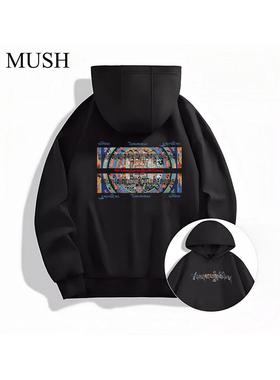 MUSH藏文logo连帽卫衣男秋冬季美式加絨加厚套头宽松民族侣装外套