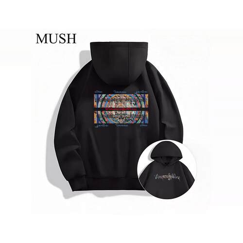 MUSH藏文logo连帽卫衣男秋冬季美式加絨加厚套头宽松民族侣装外套