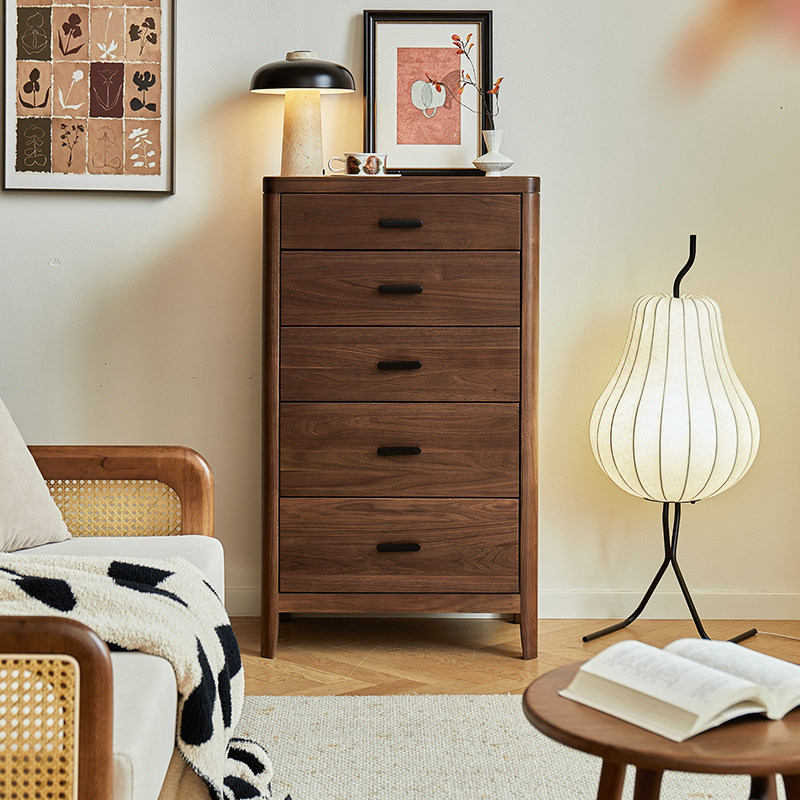 治木工坊实木五斗柜家用卧室收纳柜轻奢黑胡桃木储物柜客厅边柜