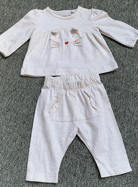 0-6个月法国原单新生婴儿女童小宝宝纯棉长袖T恤上衣长裤PP裤套装