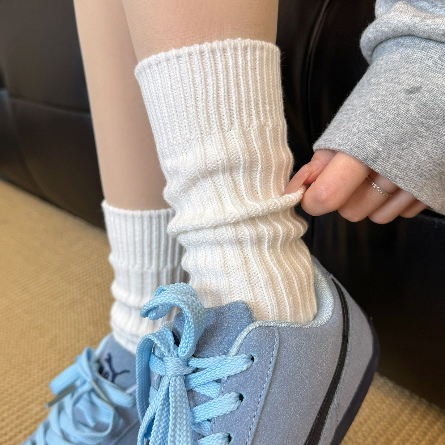 纯色袜子女春秋季粗线堆堆袜简约
