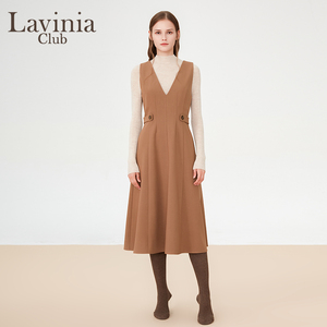 Lavinia 秋新款v领无袖连衣裙女简约气质纯色打底马甲背心裙