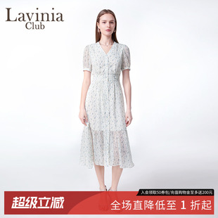 Lavinia雪纺碎花仙女裙夏季新品法式V领短袖OL气质连衣裙Q53L106