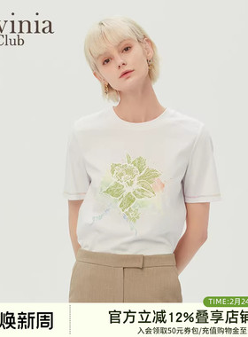 Lavinia T恤女春秋新款圆领套头甜美时尚印花短袖通勤休闲OL上衣