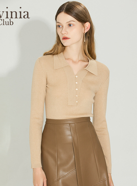 春秋新款针织衫Lavinia气质纯色羊毛混纺长袖翻领亲肤毛衣女
