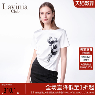 Lavinia 水墨印花国风上衣潮C51T102 简约纯棉T恤女2025年春新中式