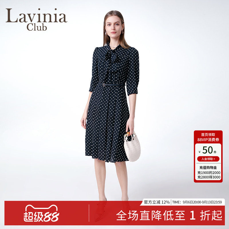 Lavinia波点雪纺连衣裙飘领图片