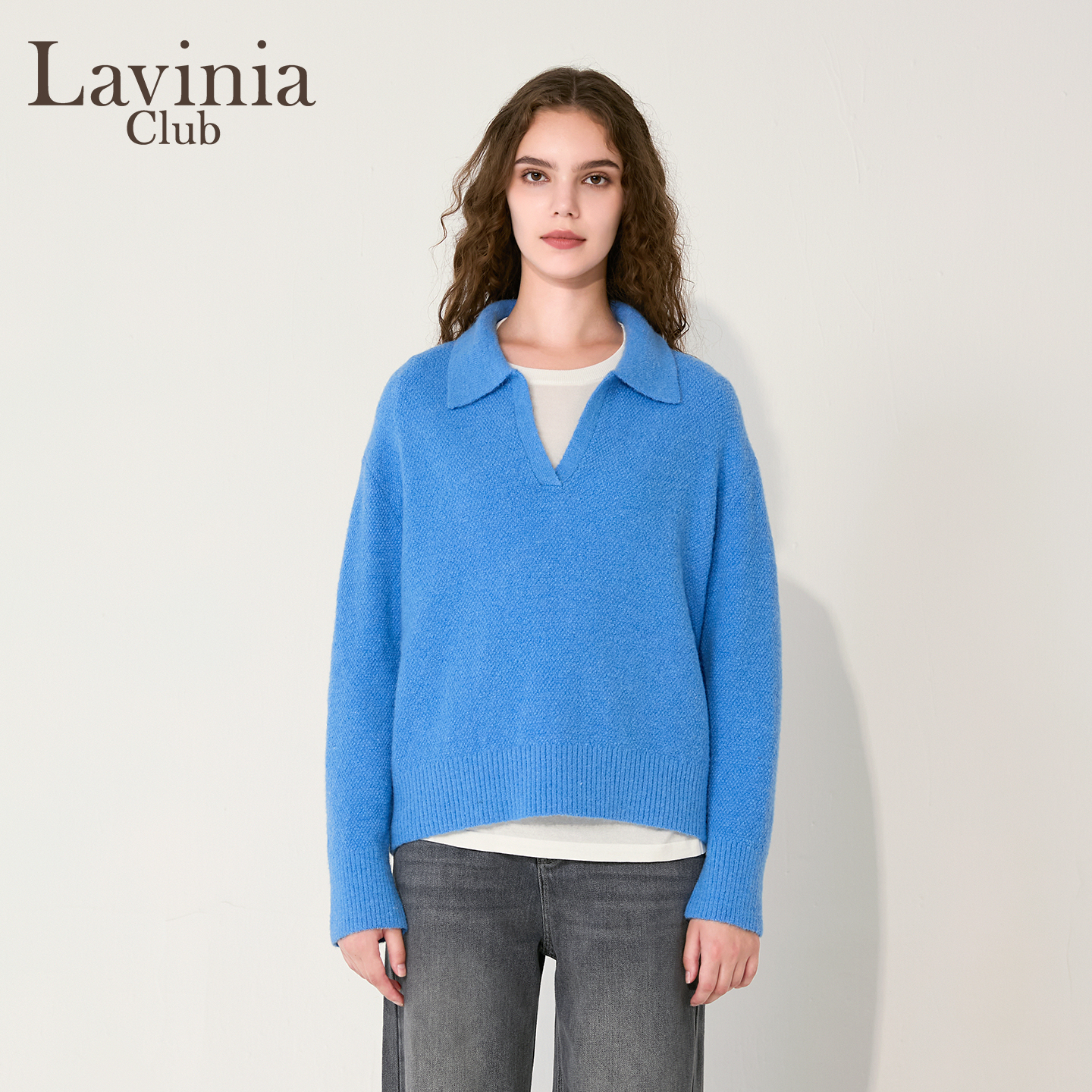 Lavinia慵懒气质POLO领针织衫女2025年秋冬新款羊毛混纺拉绒毛衣