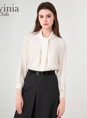 法式飘带领浪漫气质衬衫女前襟抓褶设计感通勤上衣春P45C105