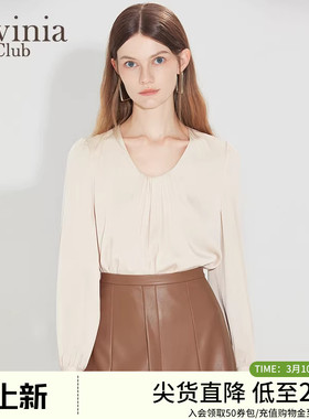 Lavinia 春新款真丝上衣女圆领褶皱设计感桑蚕丝重磅真丝衬衫