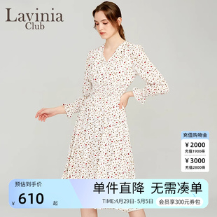 白色碎花V领收腰连衣裙女R21L107 LaviniaClub拉维妮娅春秋款 新品