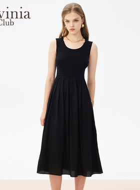 Lavinia法式吊带小黑裙春秋款黑色针织拼接无袖连衣裙L41L102