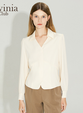 Lavinia法式别致设计感收腰褶皱长袖V领衬衫女春新款通勤上衣
