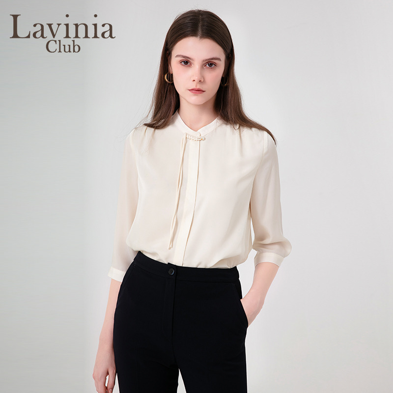 Lavinia中国风圆领衬衫女2025早秋新款白色衬衫OL通勤上衣R45C104
