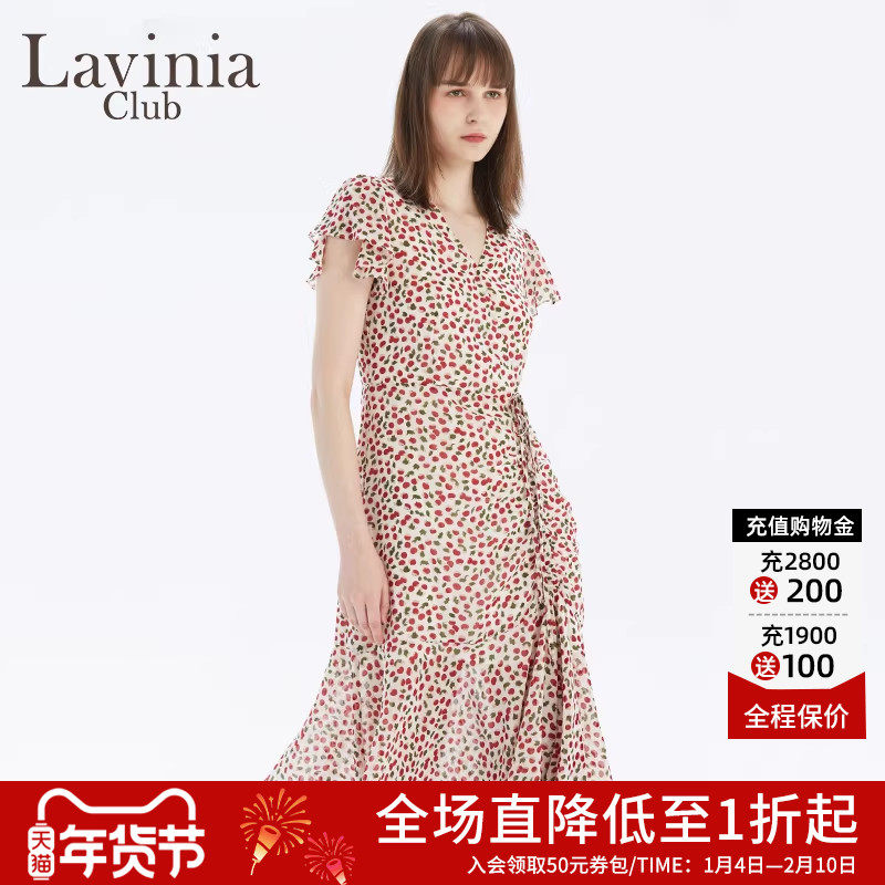 拉维妮娅春夏官方法式新款女连衣裙V领鱼尾气质印花显瘦海边度假,女装/女士精品,连衣裙,淘宝优惠券,粉丝福利购,淘宝优惠卷