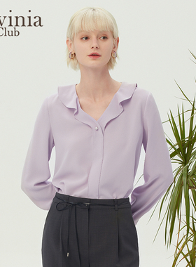 Lavinia拉维妮娅木耳边V领衬衫女士春秋新款OL轻熟气质长袖衬衣女